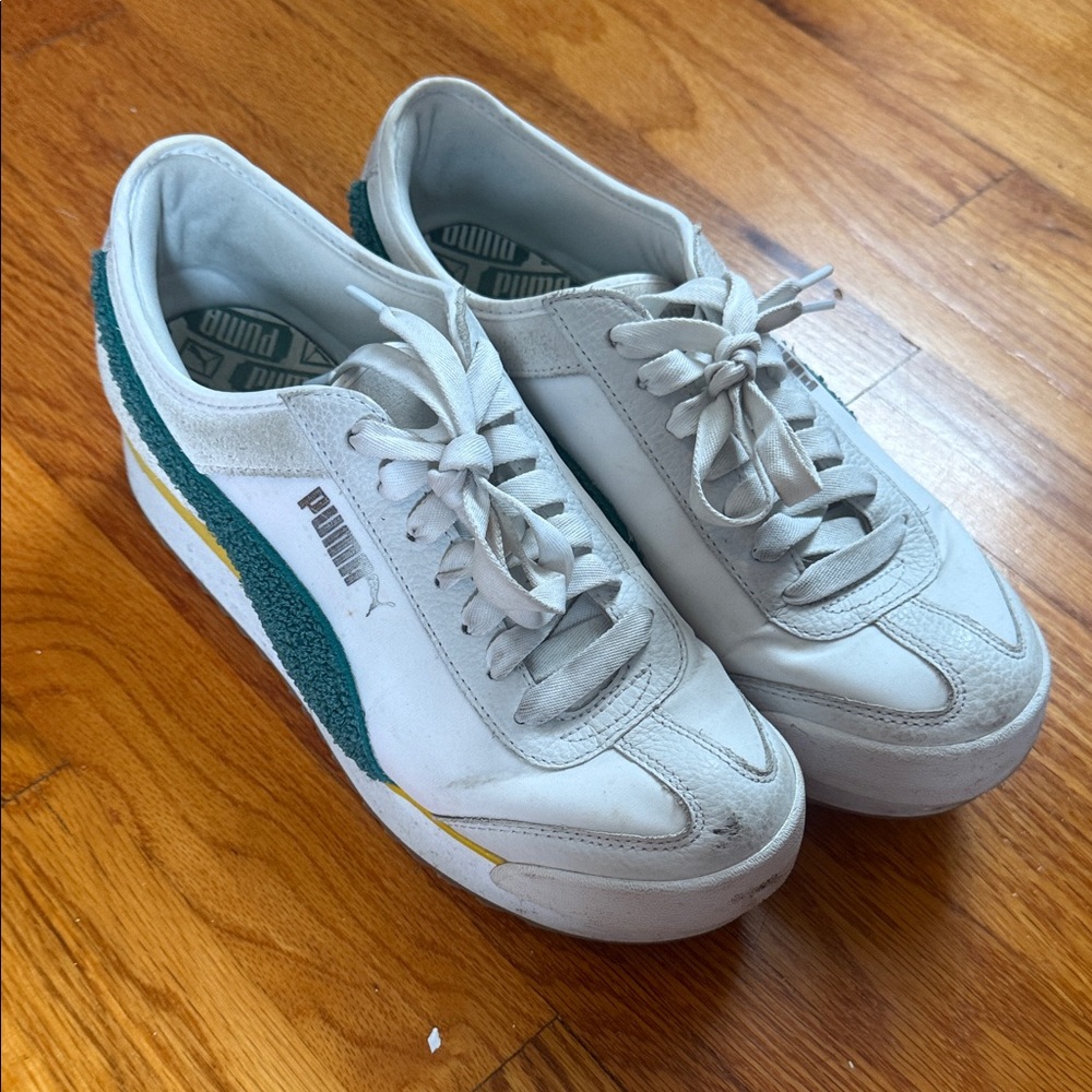 Women’s Puma White Sneakers with Green and Yellow Accents